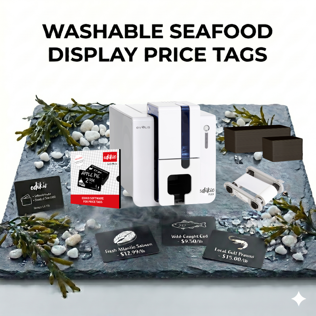 Shellfish Display Tags Washable Seafood Display Price Tags with Edikio Flex – ALC Technologies